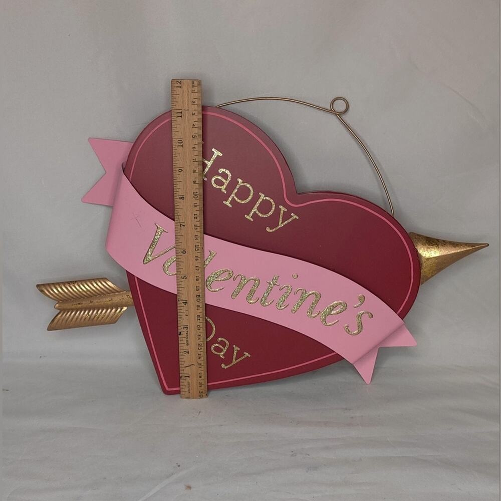 Happy Valentines Day Heart Arrow Wood Wall Decor Red Pink Gold Glitter Sign - Picture 5 of 14